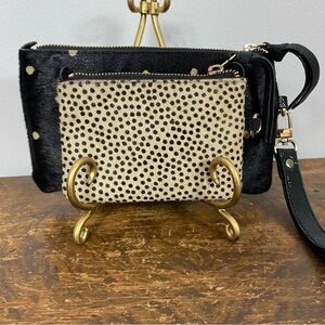 Chicos calf hair leather polka dot wristlet set